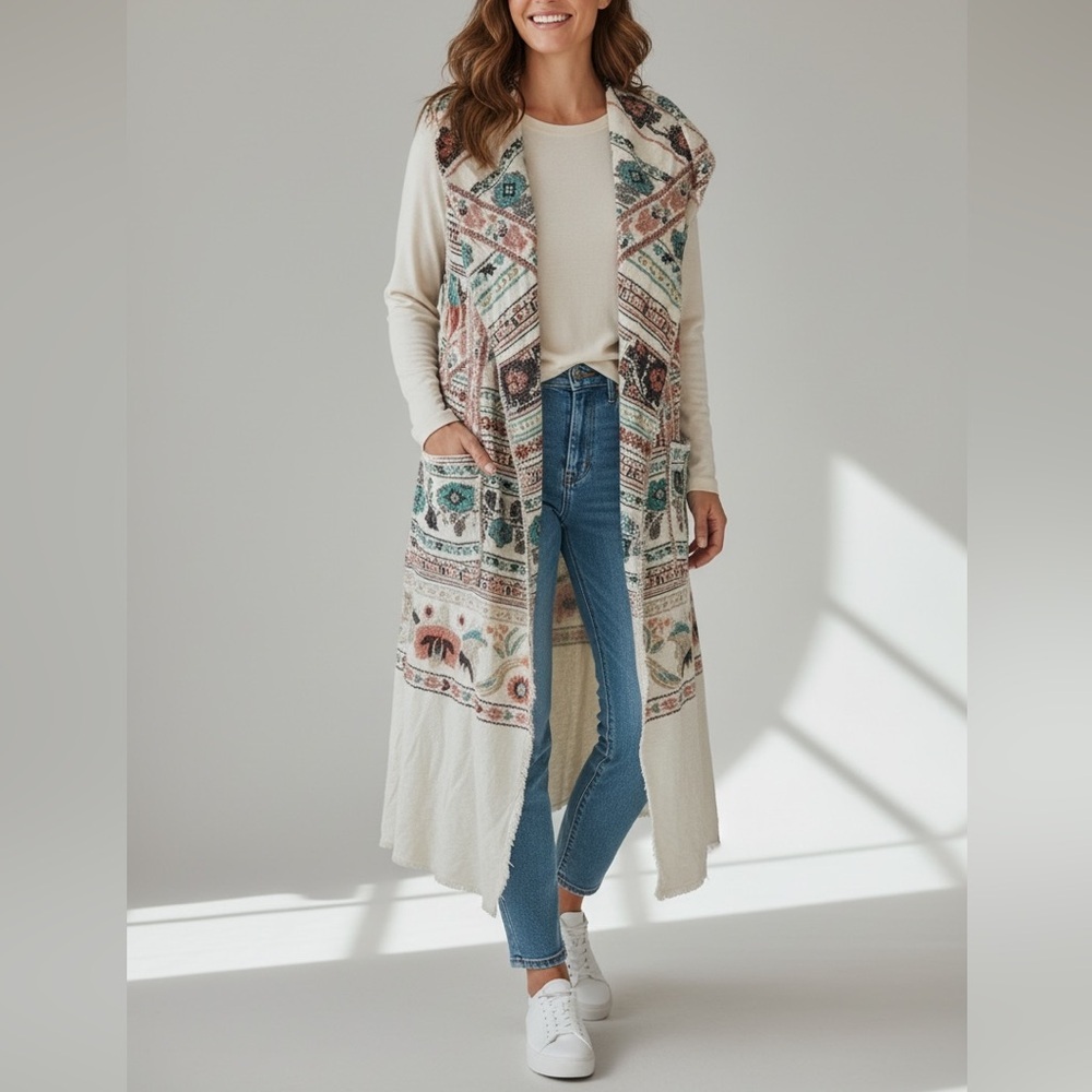 Biya Johnny Was Womens Cream Floral Embroidered Cardigan Duster Sweater Small